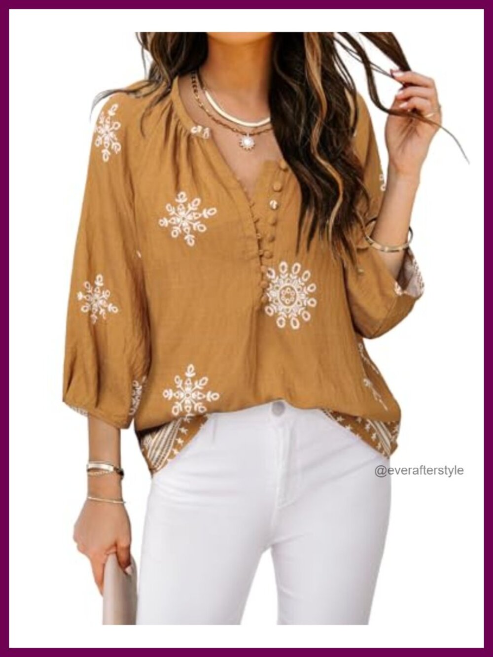 Womens Boho V Neck 3/4 Sleeve Button Down Blouse Loose Fit Tunic Top